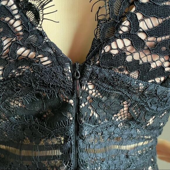 Just Me Sleeveless Plunging Neckline Mini Dress Black Lace Over Nude Size Small - Picture 9 of 14